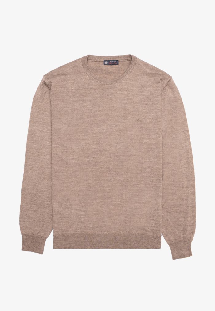 Beige melange crew-neck extra fine merino wool sweater - Image 2