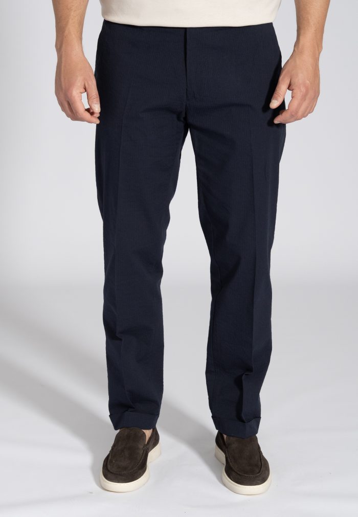 Dark Blue Cuffed seersucker cotton chinos - Image 2