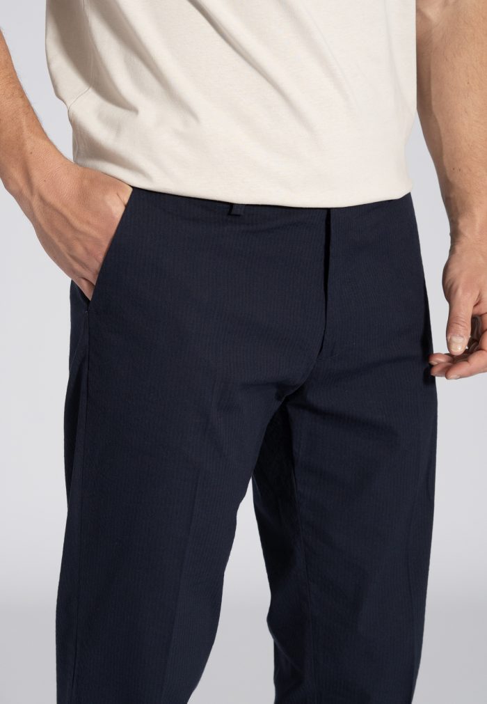 Dark Blue Cuffed seersucker cotton chinos - Image 3