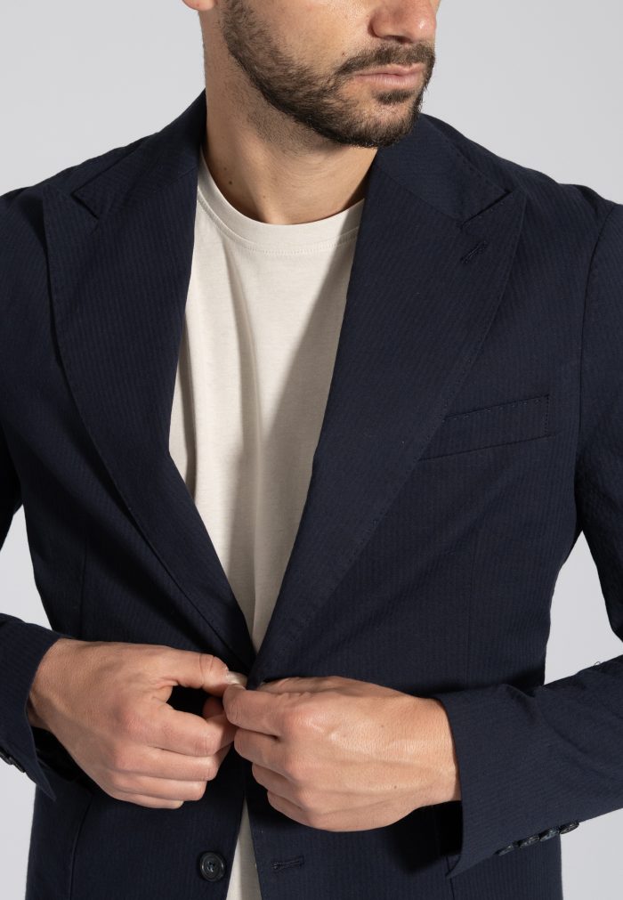 Dark blue Seersucker unlined cotton blazer - Image 4