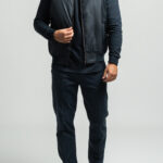 Marine blue membrane cladding jacket with knitted cotton back